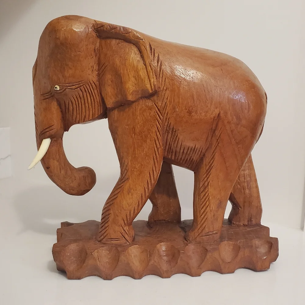 Vintage Large Teak Wooden Elephant With Tusks Hand Carved Solid Wood